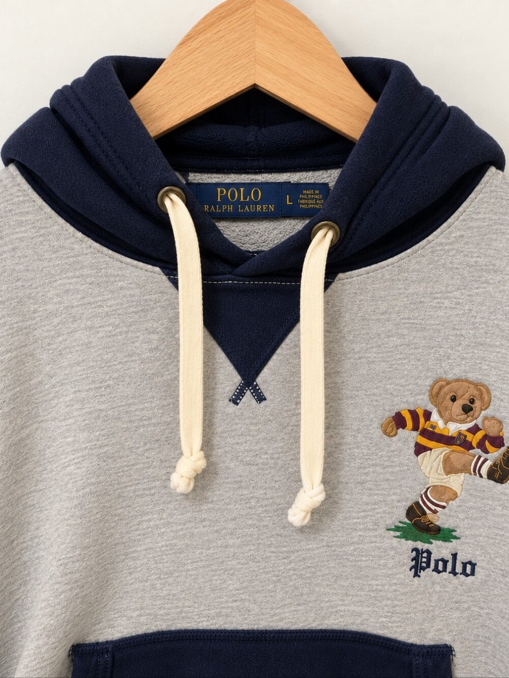 Ralph Lauren Two-Tone Bear Crewneck Sweater - Gray & Navy - Large